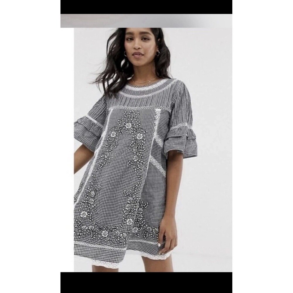 Free People Sunny Day Gingham Embroidered Crochet Mini Dress Size Small